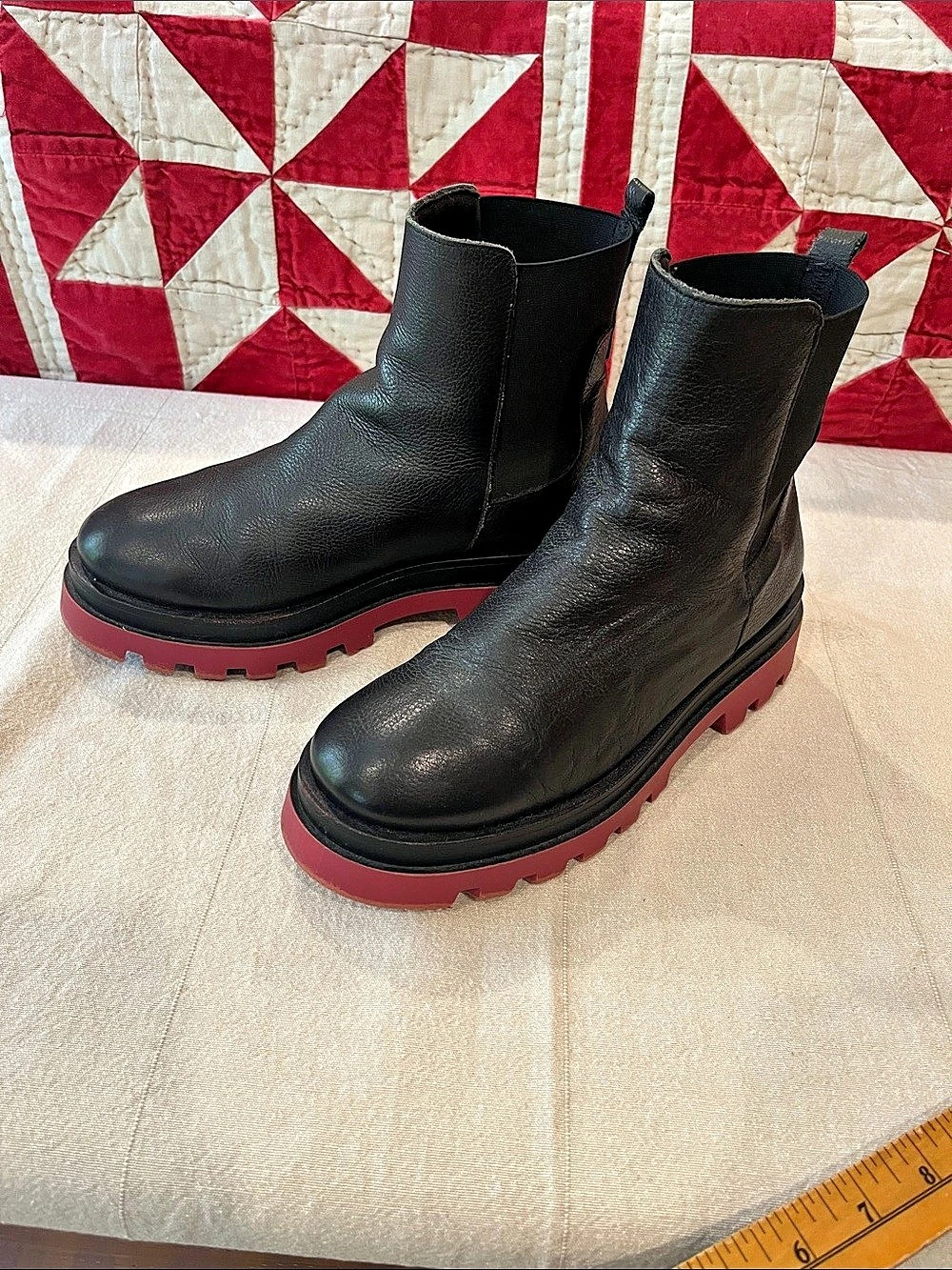 Black Leather Chelsea Boots with Red Lug Sole Like New